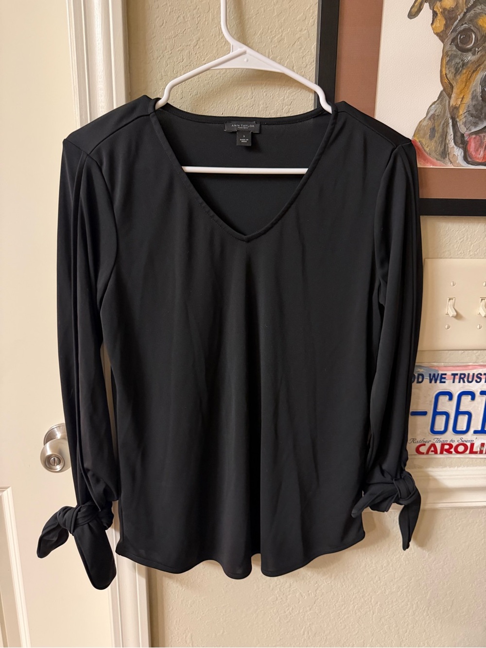 Ann Taylor Factory Black V-Neck Tie-Cuff Blouse